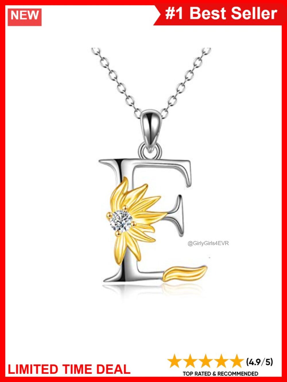 925 Sterling Silver Initial Sunflower Pendant Necklace CZ Rolo Chain Gift